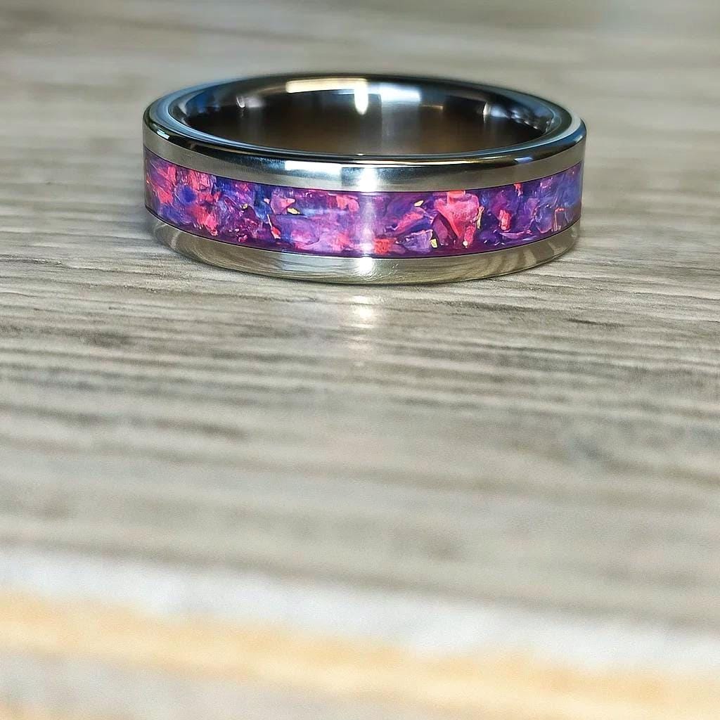 Handmade Opal Wedding Ring, Amethyst promise ring, Custom Fit wedding band, Titanium Ring.