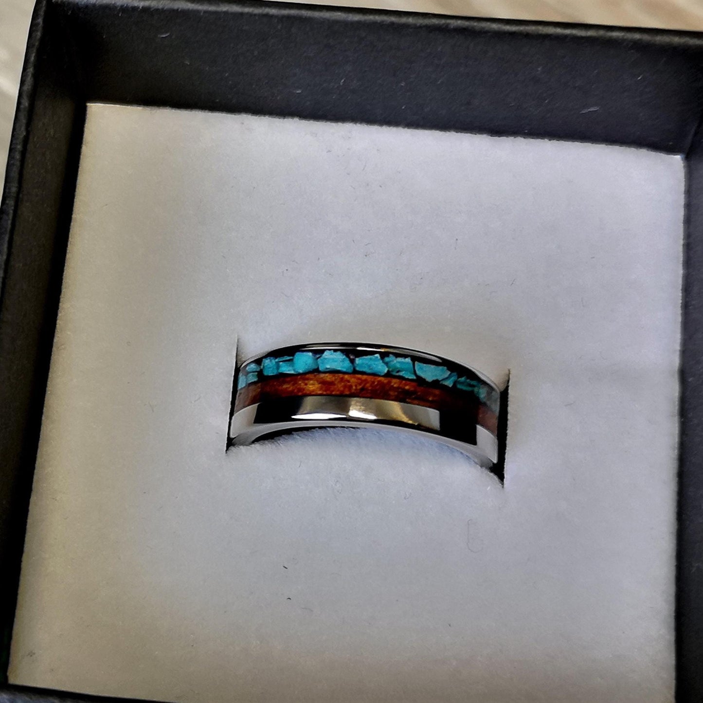 Handmade Titanium Ring: Rosewood & Turquoise Inlay Wedding Band