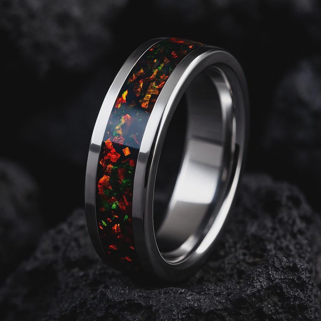 Handmade Fire Opal Titanium Ring: Unique Wedding Band