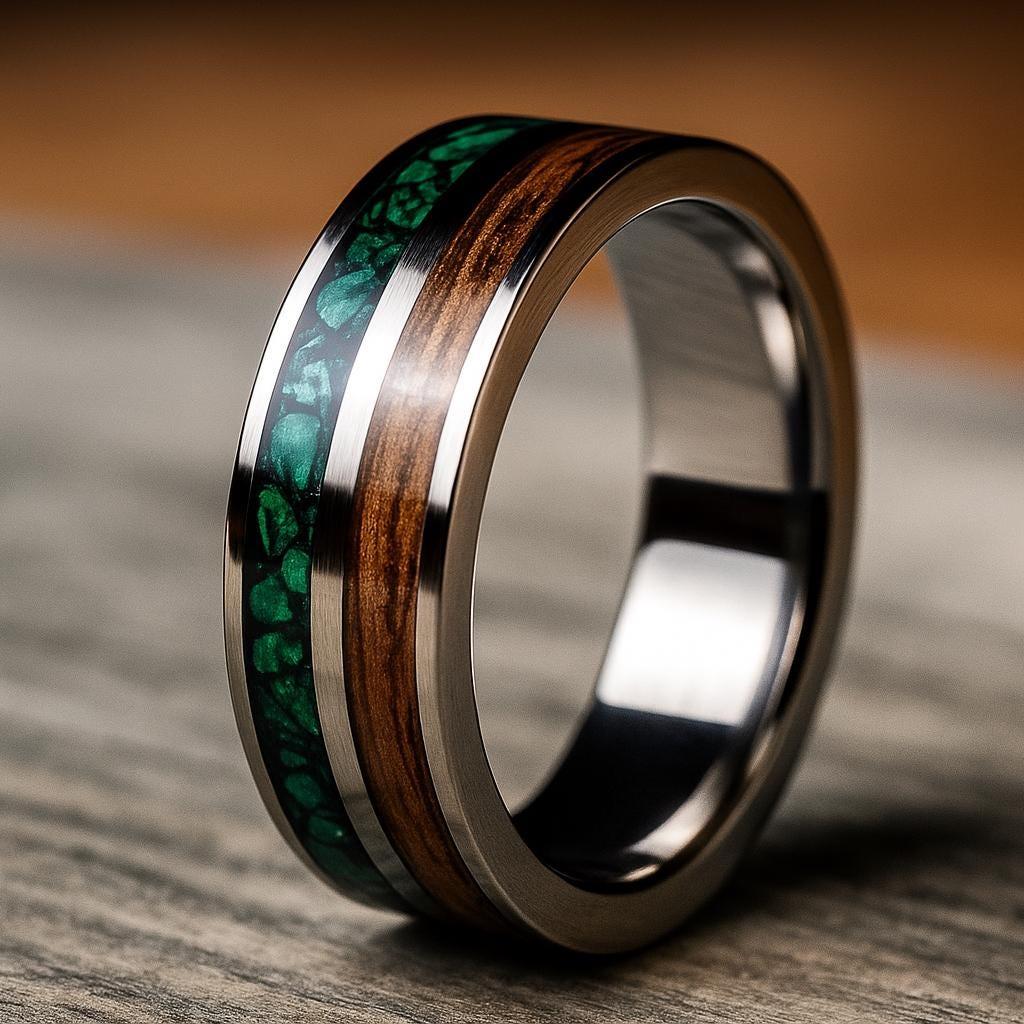 Whiskey Barrel Wood Inlay - Handmade Wedding Band - Malachite Ring