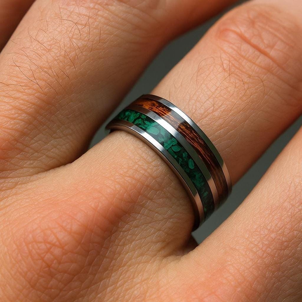 Whiskey Barrel Wood Inlay - Handmade Wedding Band - Malachite Ring