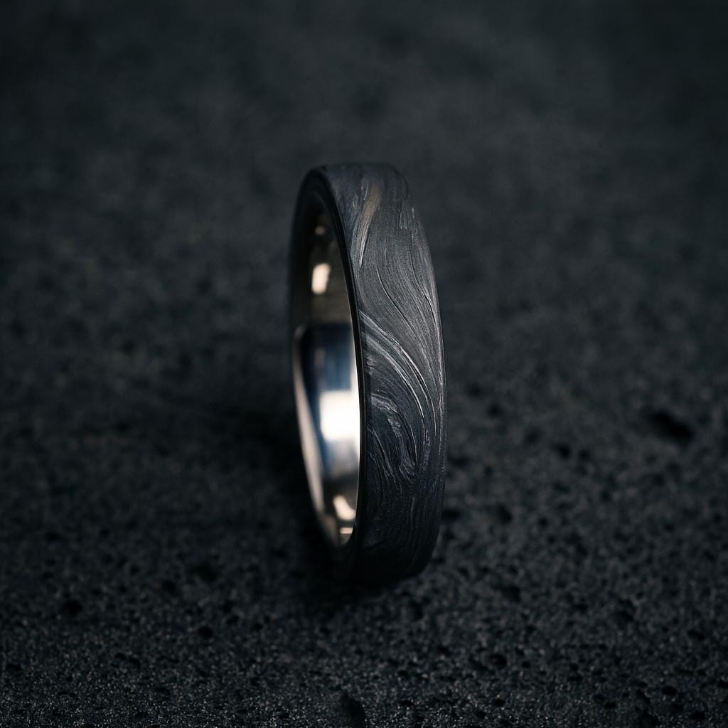 Handmade Carbon Fibre & Titanium Band | Unique Modern Black Wedding Ring- forged Noir