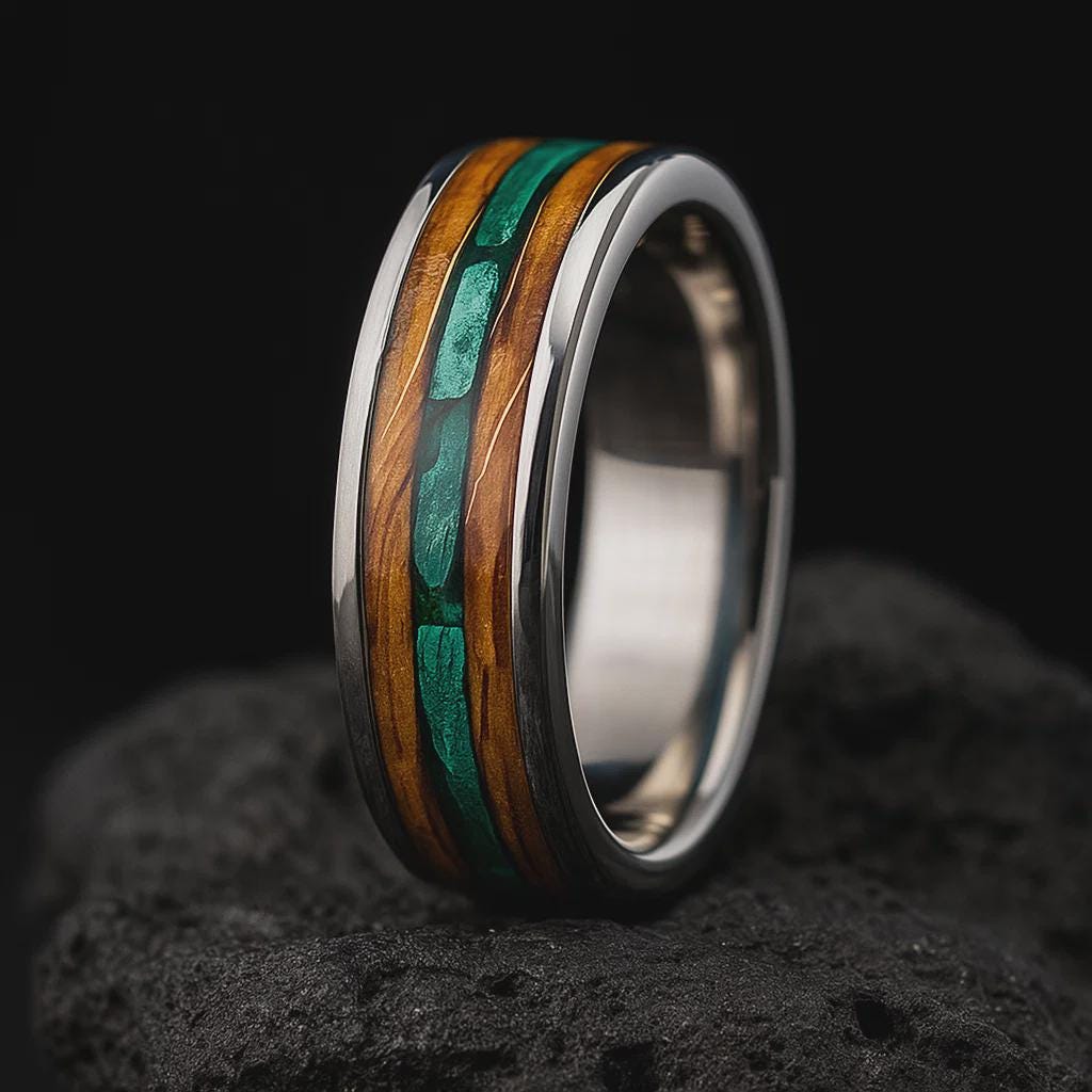 Titanium Whiskey Barrel Wedding Ring with Malachite Inlay | Rustic Men’s Band | Handmade Eco Wood Ring | Unique Whiskey Gift