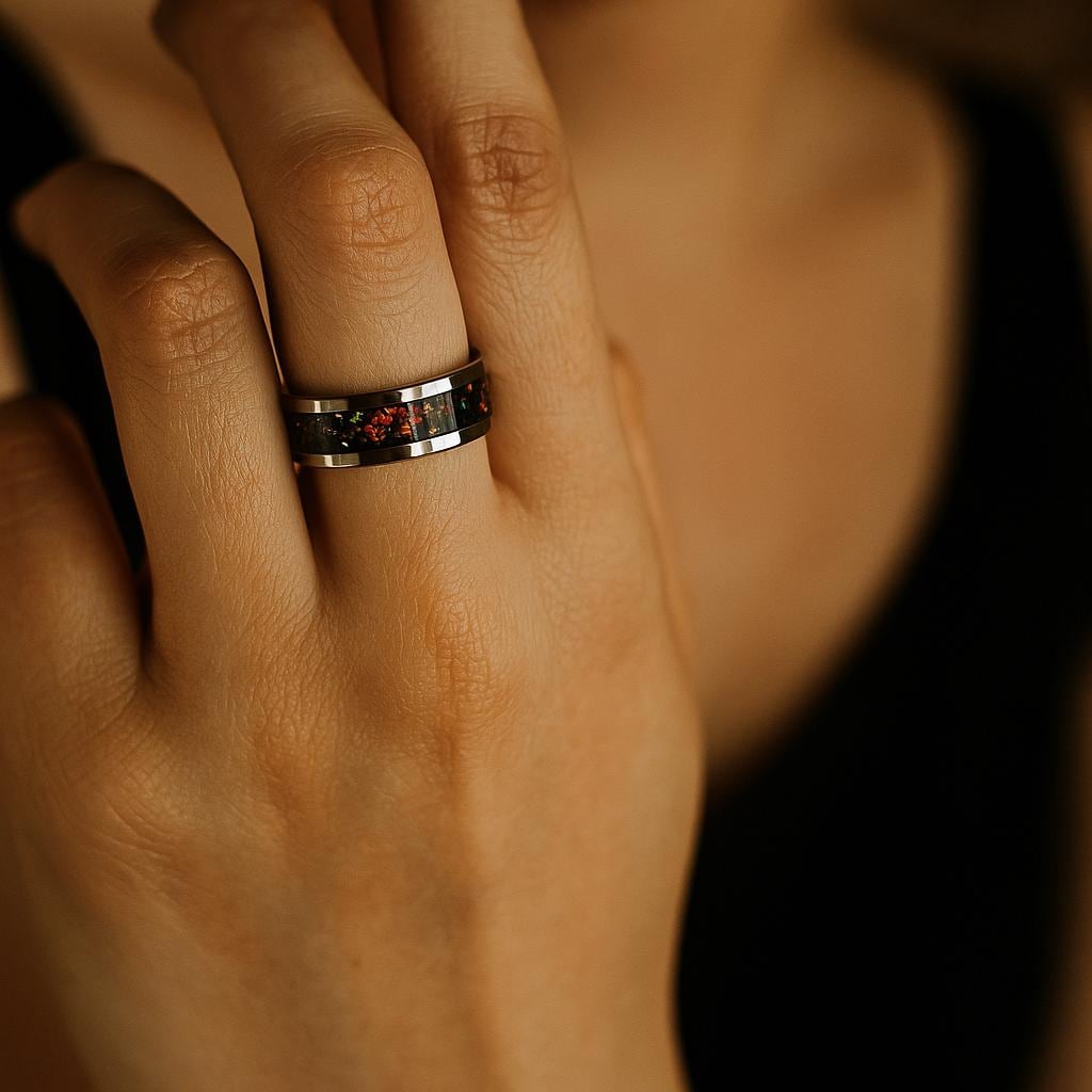 Handmade Fire Opal Titanium Ring: Unique Wedding Band