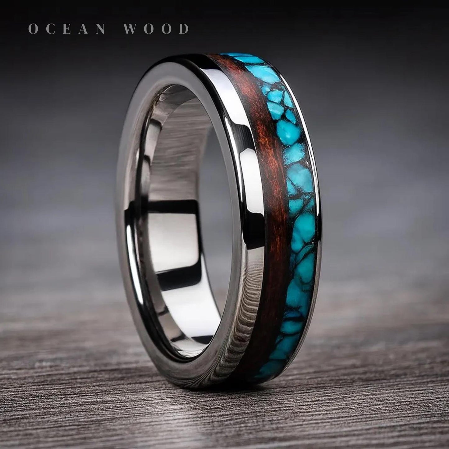 Handmade Titanium Ring: Rosewood & Turquoise Inlay Wedding Band