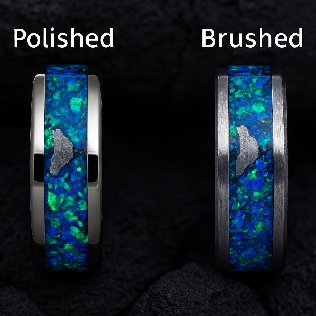 Handmade Meteorite Wedding Ring: Ocean Blue Opal Inlay, Polished Titanium