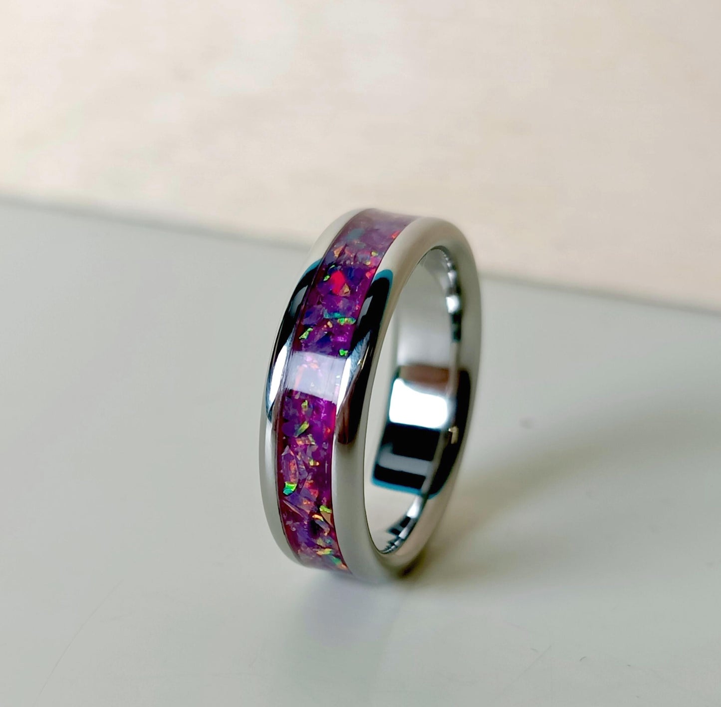 Handmade Opal Wedding Ring, Amethyst promise ring, Custom Fit wedding band, Titanium Ring.