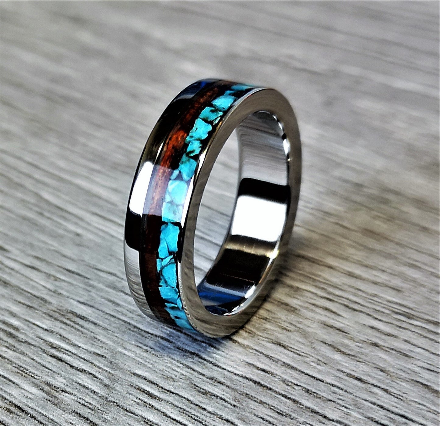Handmade Titanium Ring: Rosewood & Turquoise Inlay Wedding Band