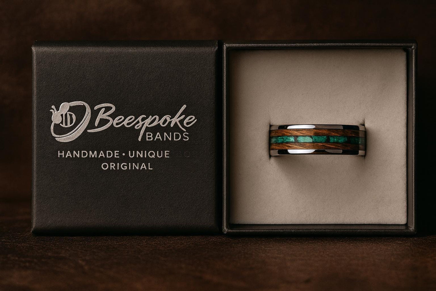 Titanium Whiskey Barrel Wedding Ring with Malachite Inlay | Rustic Men’s Band | Handmade Eco Wood Ring | Unique Whiskey Gift
