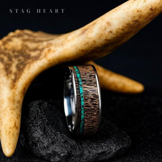 Deer Antler Ring, Malachite Rustic Wedding Ring, Nature Inspired Ring
