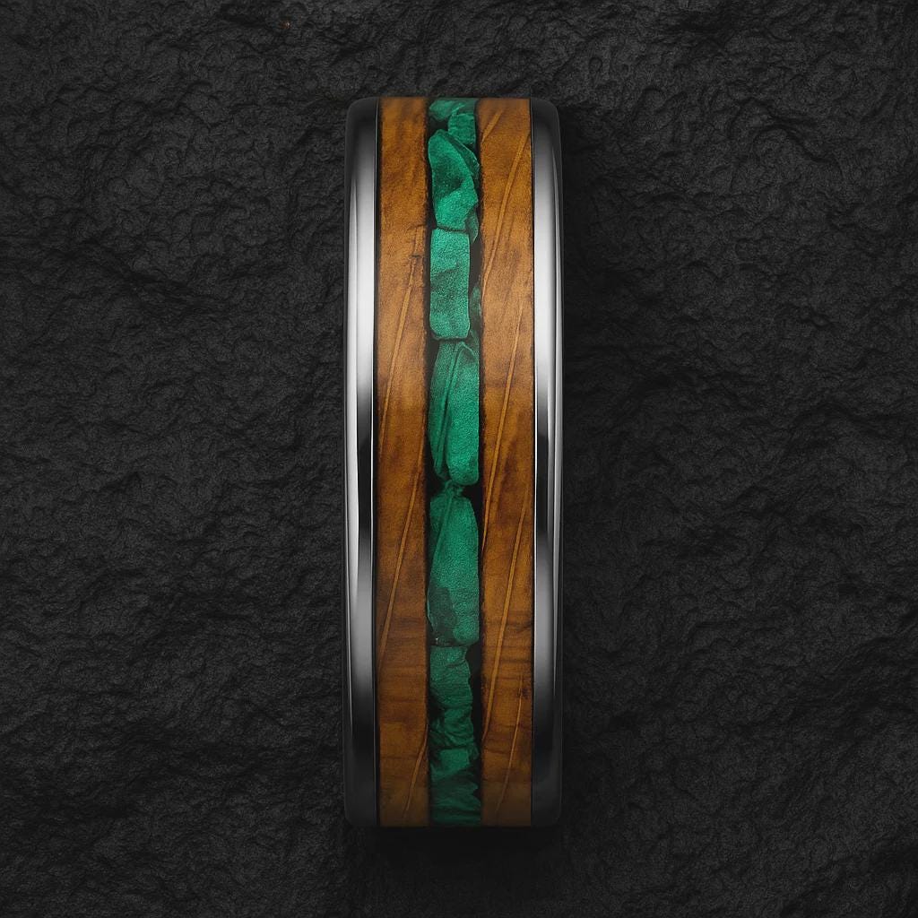 Titanium Whiskey Barrel Wedding Ring with Malachite Inlay | Rustic Men’s Band | Handmade Eco Wood Ring | Unique Whiskey Gift