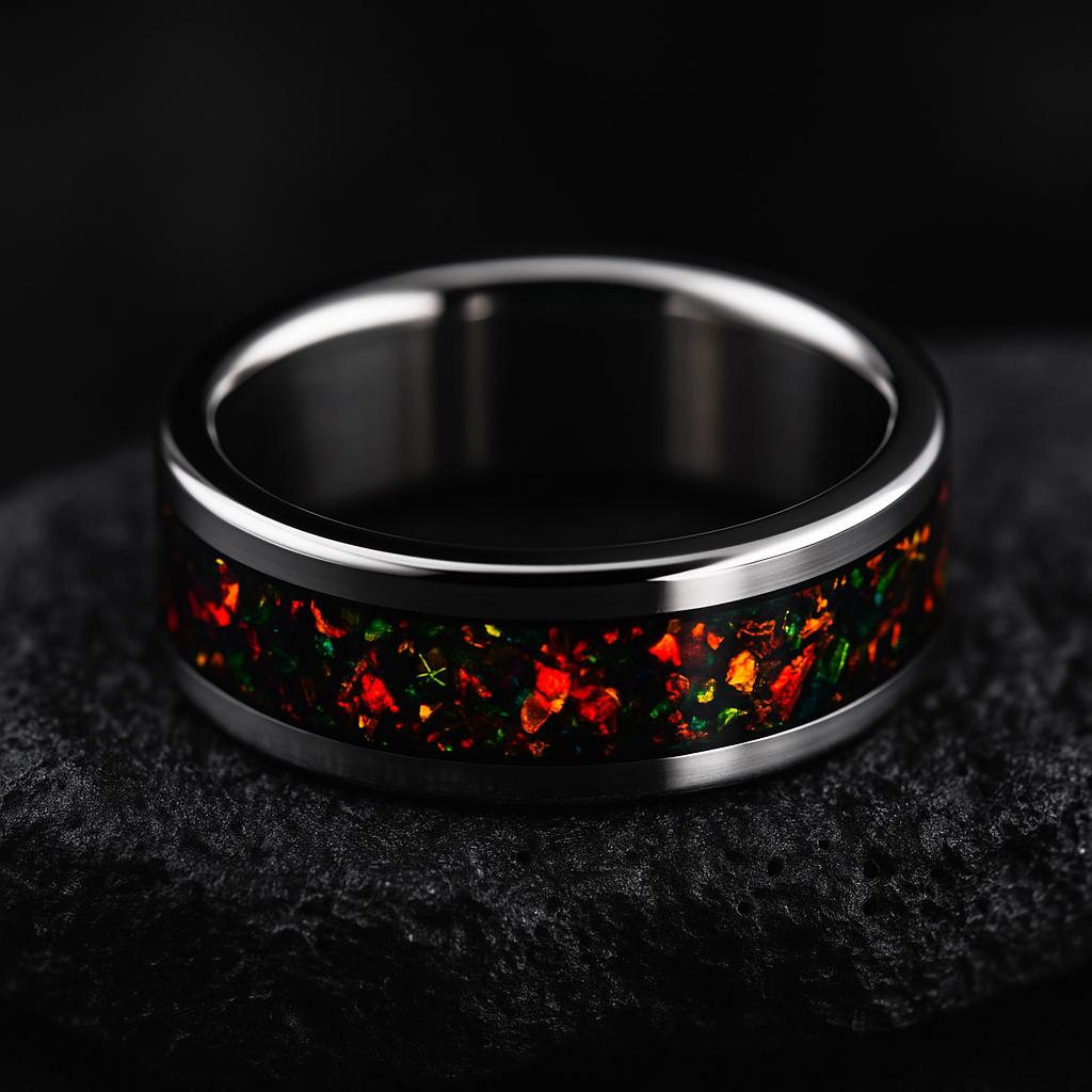 Handmade Fire Opal Titanium Ring: Unique Wedding Band
