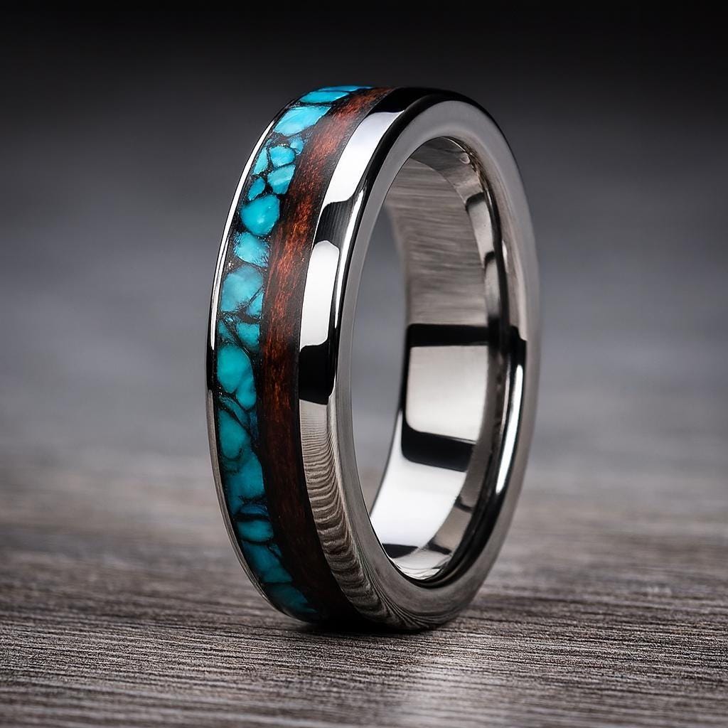 Handmade Titanium Ring: Rosewood & Turquoise Inlay Wedding Band