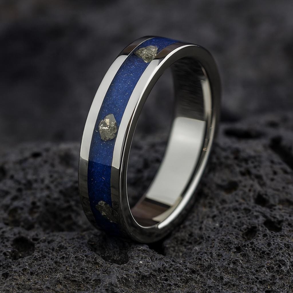 Handmade Titanium Wedding Band: Lapis Lazuli, Pyrite & Glow Inlay