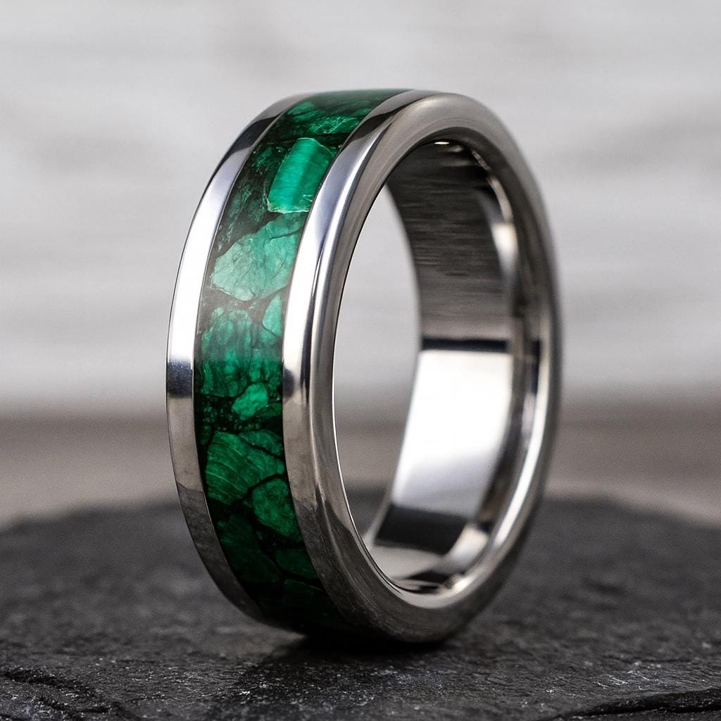 Titanium Wedding Band with Malachite Inlay | Men’s Engagement Ring | Rustic Green Wedding Band | Handmade Titanium Jewellery Gift