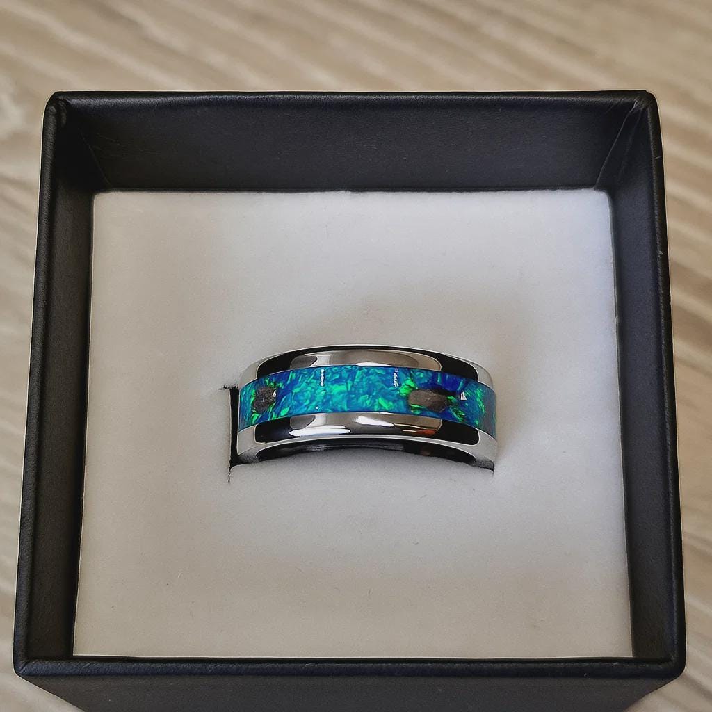 Handmade Meteorite Wedding Ring: Ocean Blue Opal Inlay, Polished Titanium