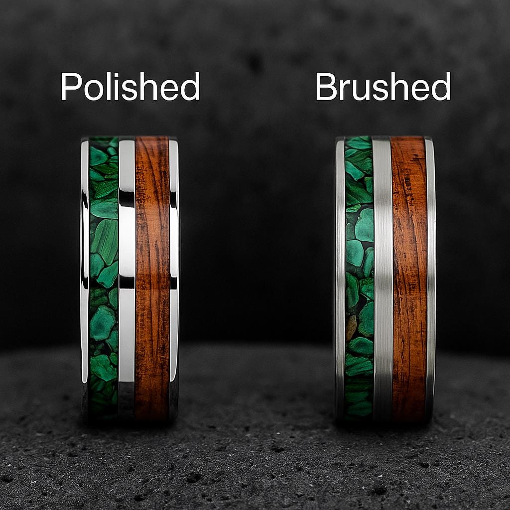 Whiskey Barrel Wood Inlay - Handmade Wedding Band - Malachite Ring