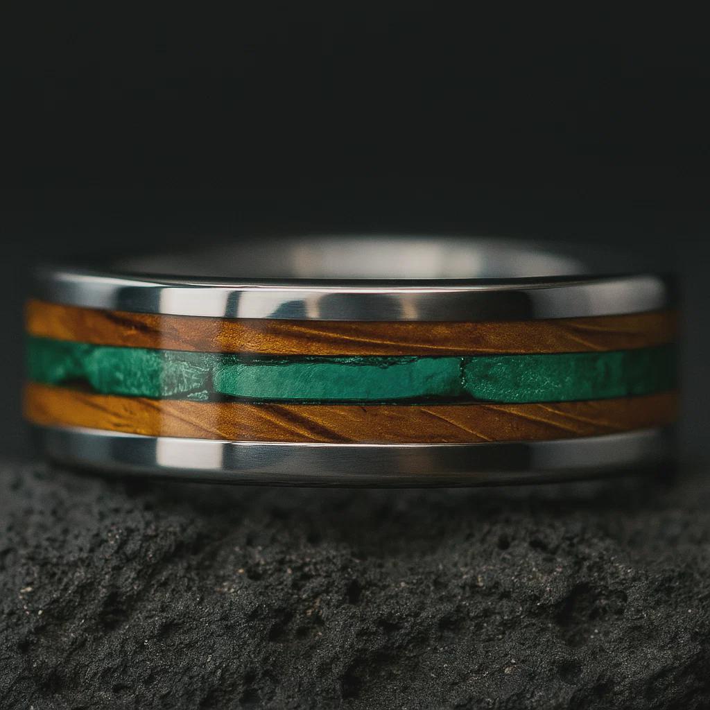Titanium Whiskey Barrel Wedding Ring with Malachite Inlay | Rustic Men’s Band | Handmade Eco Wood Ring | Unique Whiskey Gift