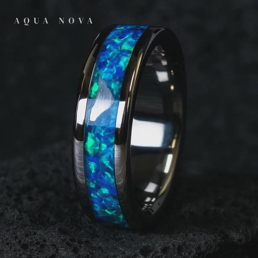 Handmade Meteorite Wedding Ring: Ocean Blue Opal Inlay, Polished Titanium