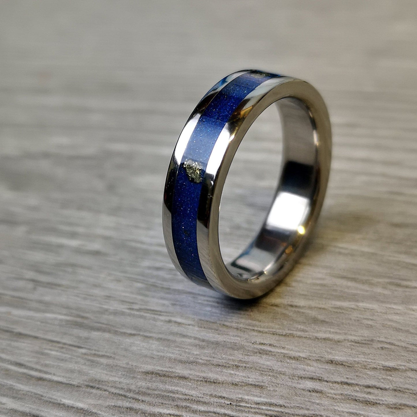 Handmade Titanium Wedding Band: Lapis Lazuli, Pyrite & Glow Inlay