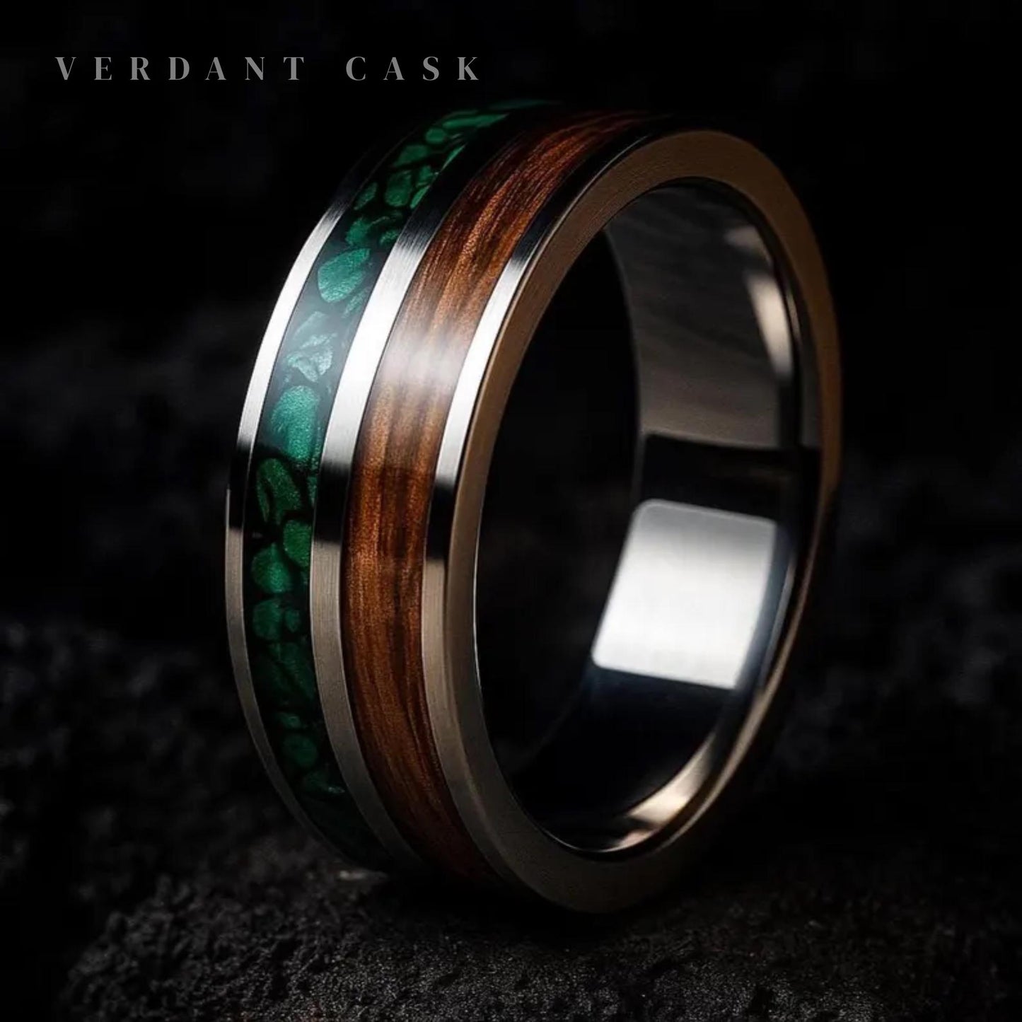 Whiskey Barrel Wood Inlay - Handmade Wedding Band - Malachite Ring