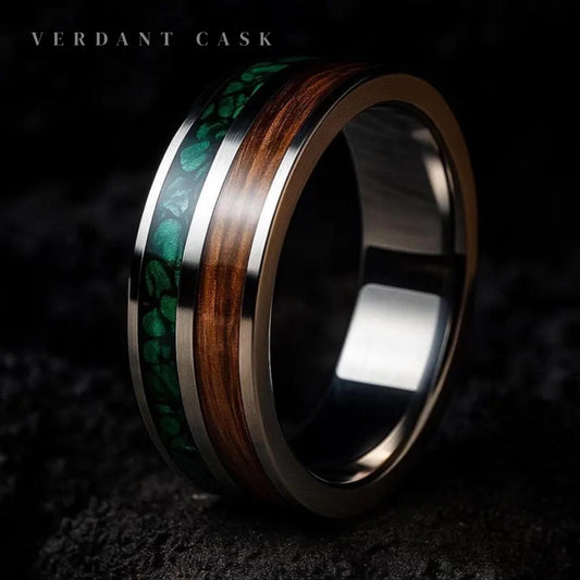 Whiskey Barrel Wood Inlay - Handmade Wedding Band - Malachite Ring