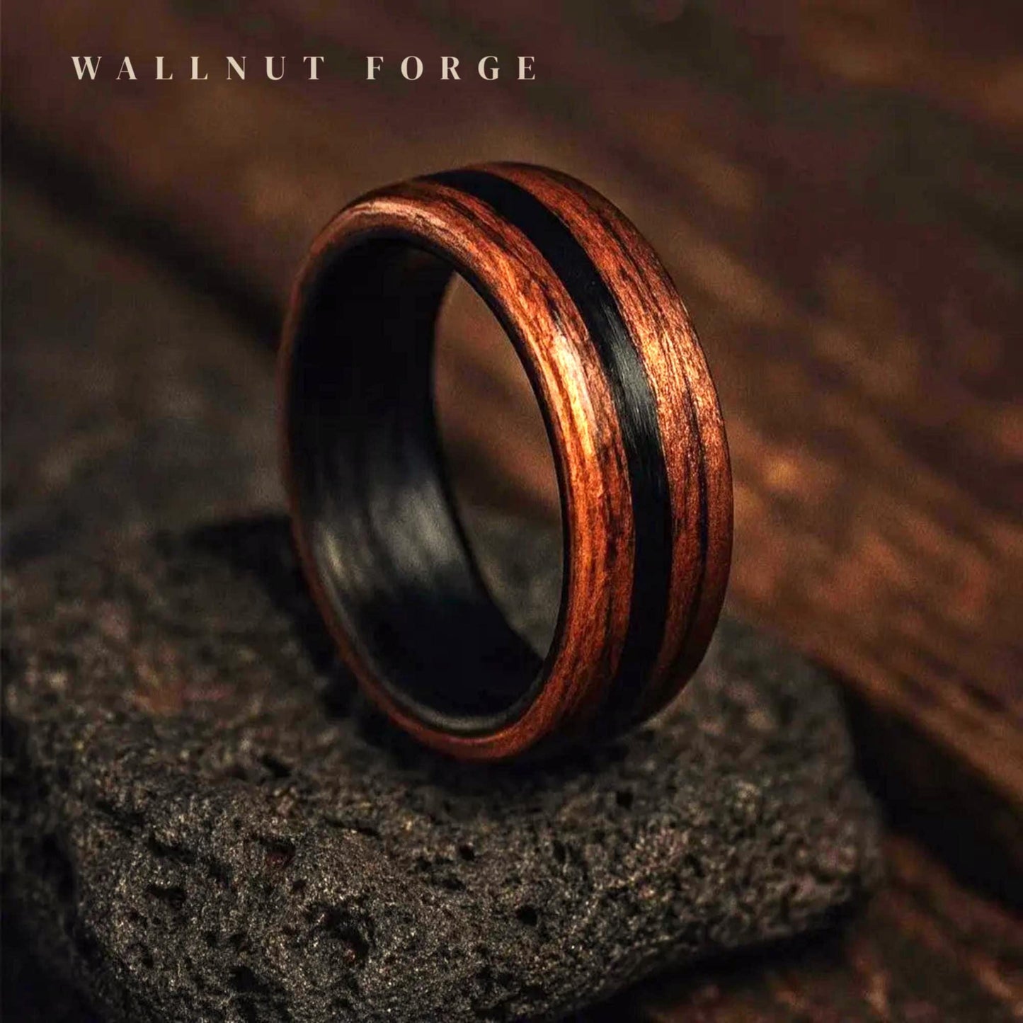 Walnut Forge – Walnut and Carbon Fibre Ring | Rustic Wood Wedding Band | 5th Anniversary Gift | Handmade Men’s wood Alternative Ring