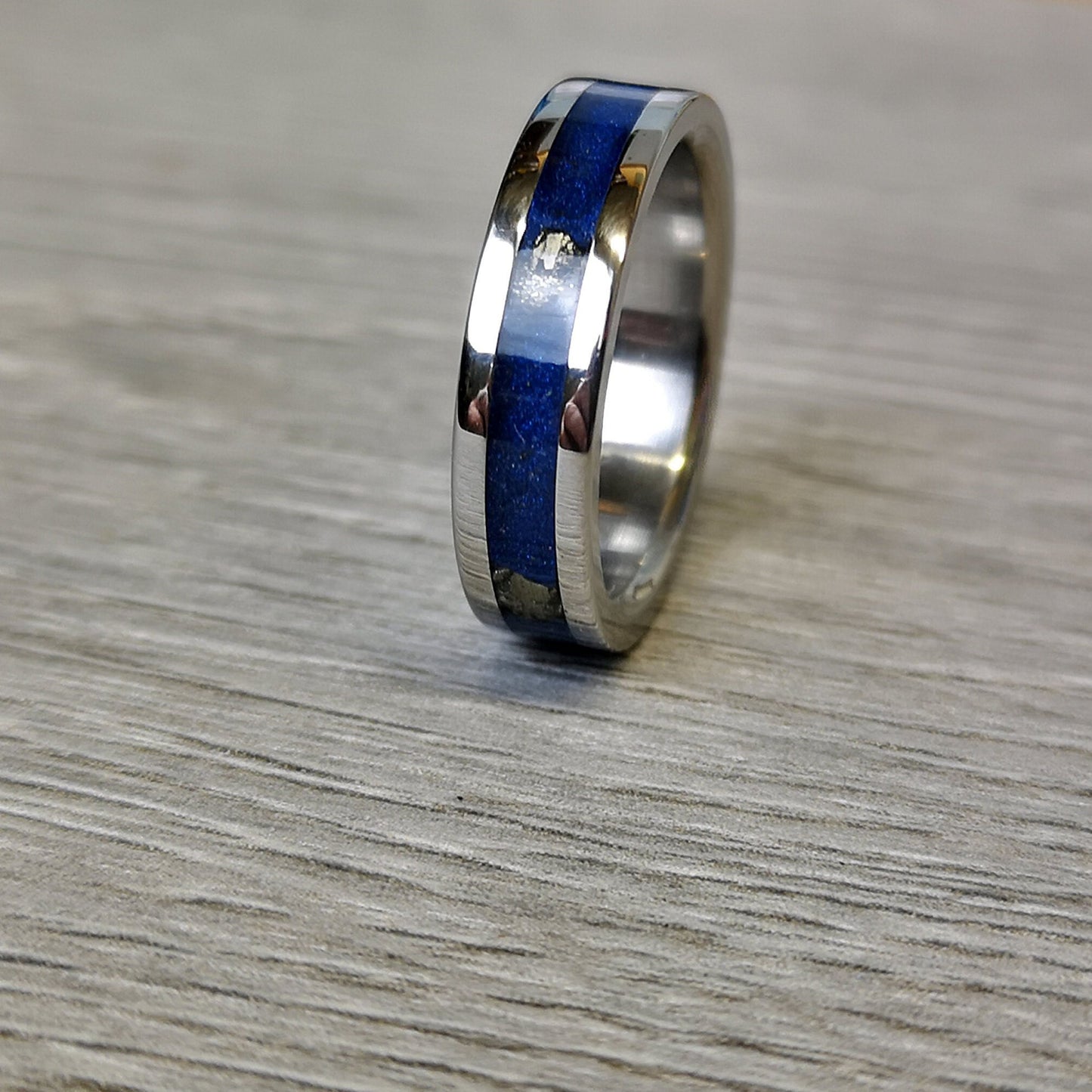 Handmade Titanium Wedding Band: Lapis Lazuli, Pyrite & Glow Inlay
