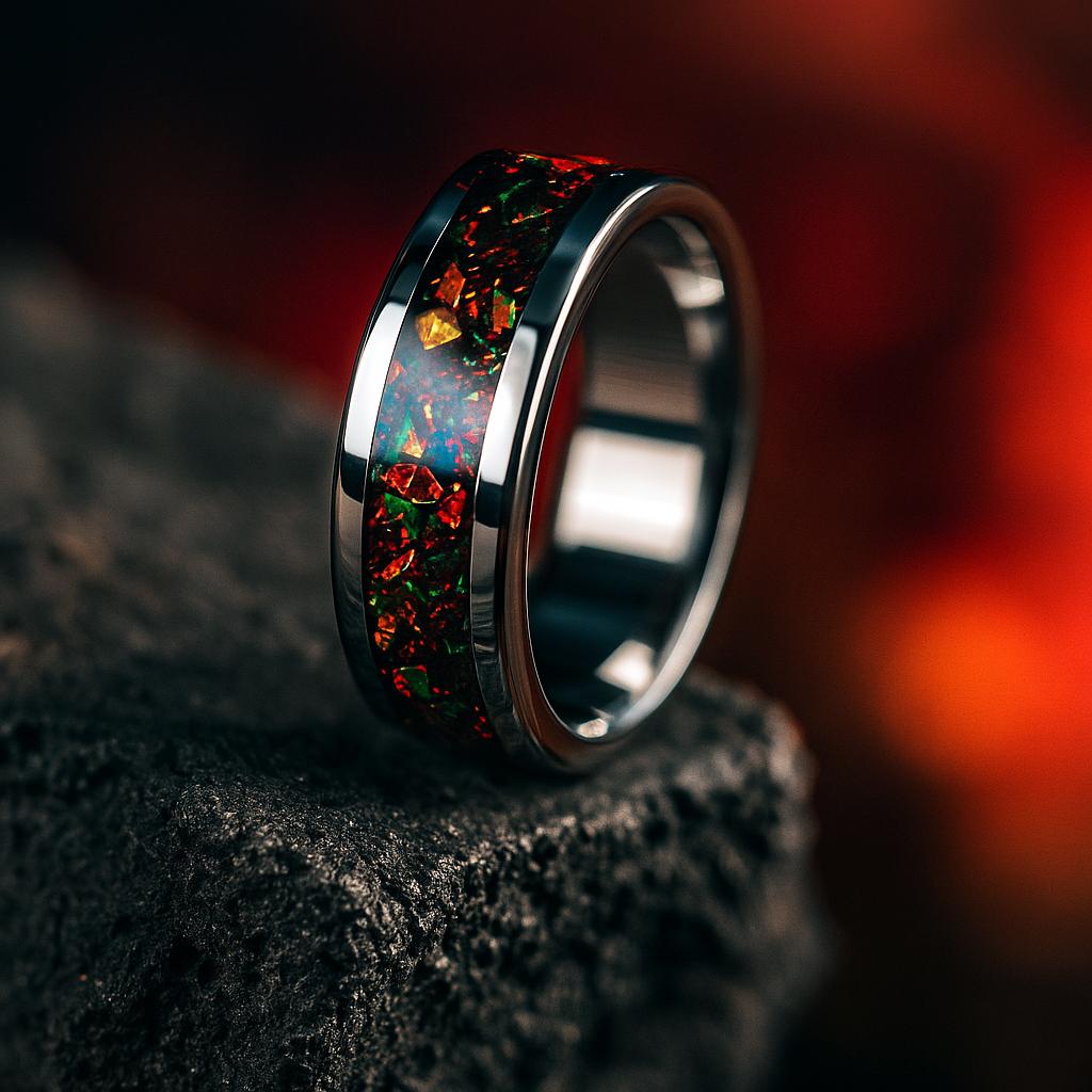 Handmade Fire Opal Titanium Ring: Unique Wedding Band