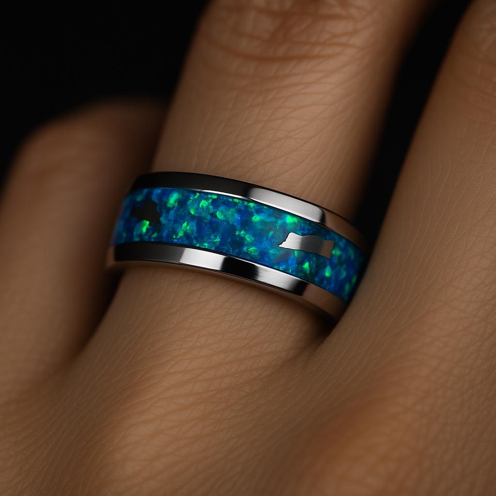 Handmade Meteorite Wedding Ring: Ocean Blue Opal Inlay, Polished Titanium