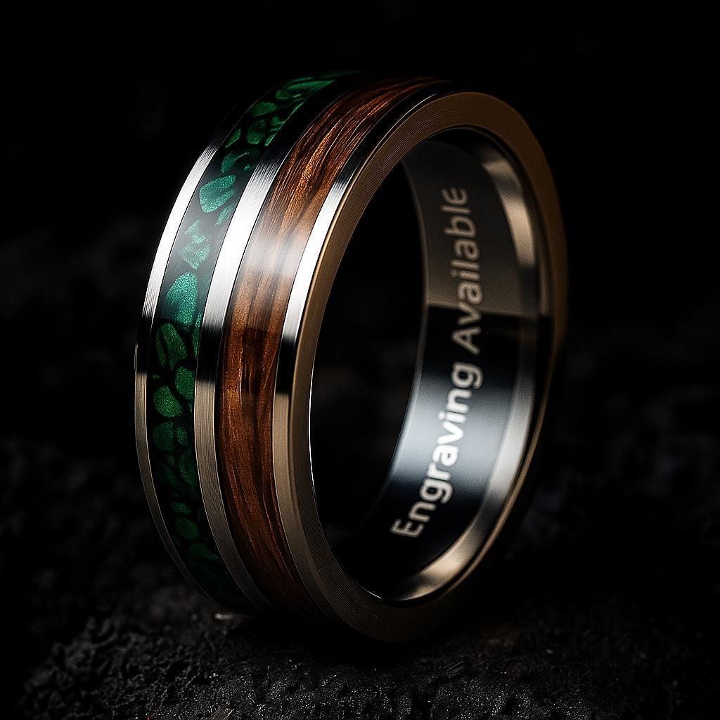 Whiskey Barrel Wood Inlay - Handmade Wedding Band - Malachite Ring