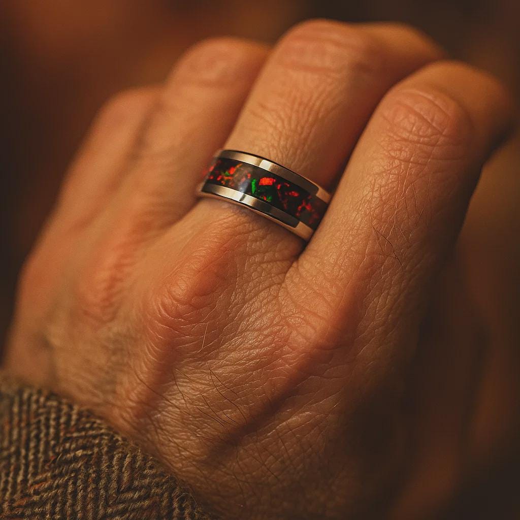 Handmade Fire Opal Titanium Ring: Unique Wedding Band