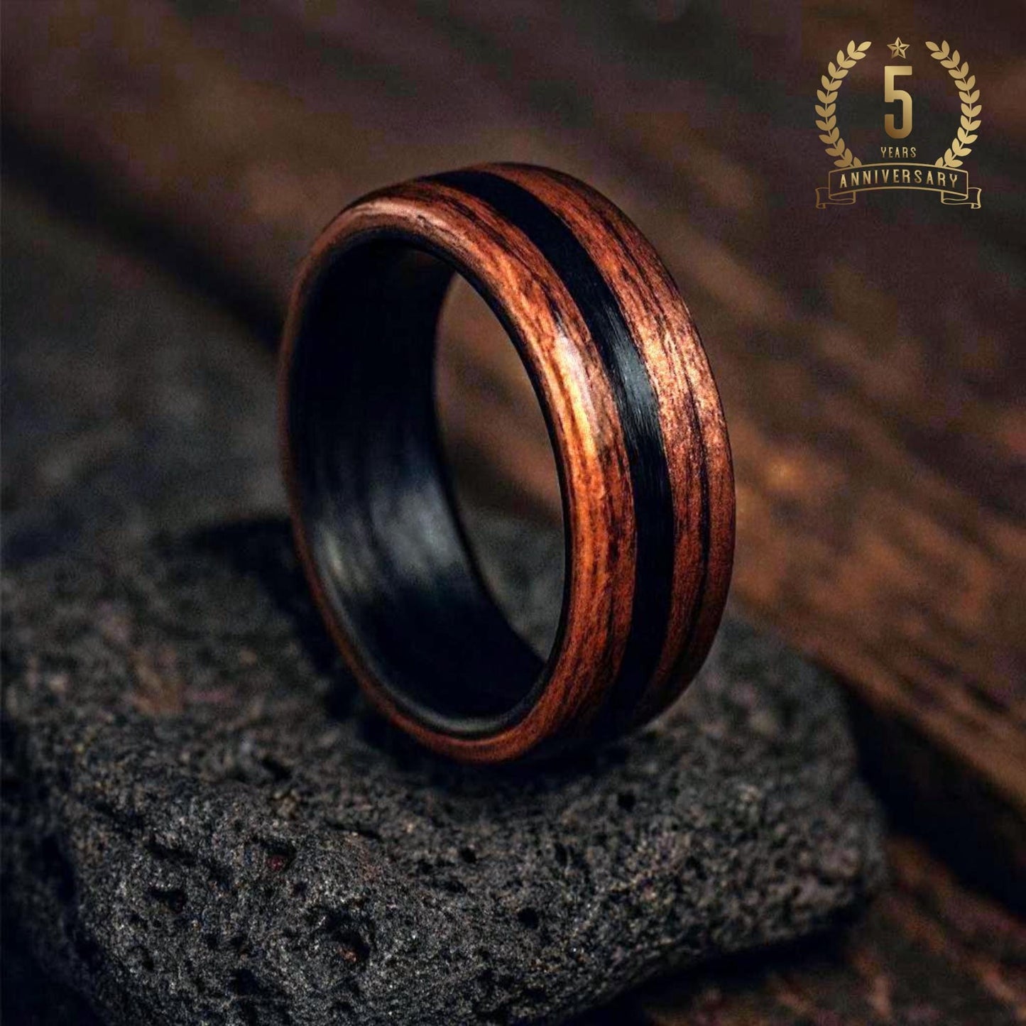 Walnut Forge – Walnut and Carbon Fibre Ring | Rustic Wood Wedding Band | 5th Anniversary Gift | Handmade Men’s wood Alternative Ring