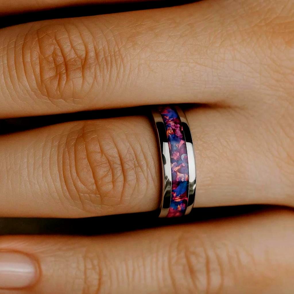 Handmade Opal Wedding Ring, Amethyst promise ring, Custom Fit wedding band, Titanium Ring.
