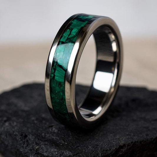 Titanium Wedding Band with Malachite Inlay | Men’s Engagement Ring | Rustic Green Wedding Band | Handmade Titanium Jewellery Gift