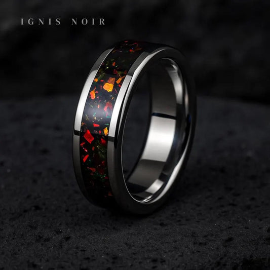 Handmade Fire Opal Titanium Ring: Unique Wedding Band