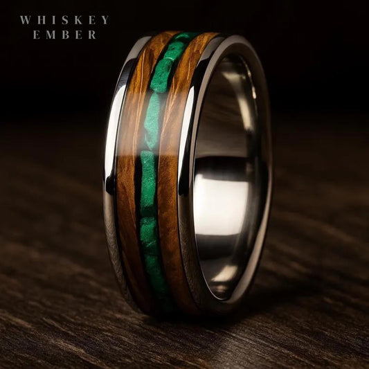 Titanium Whiskey Barrel Wedding Ring with Malachite Inlay | Rustic Men’s Band | Handmade Eco Wood Ring | Unique Whiskey Gift