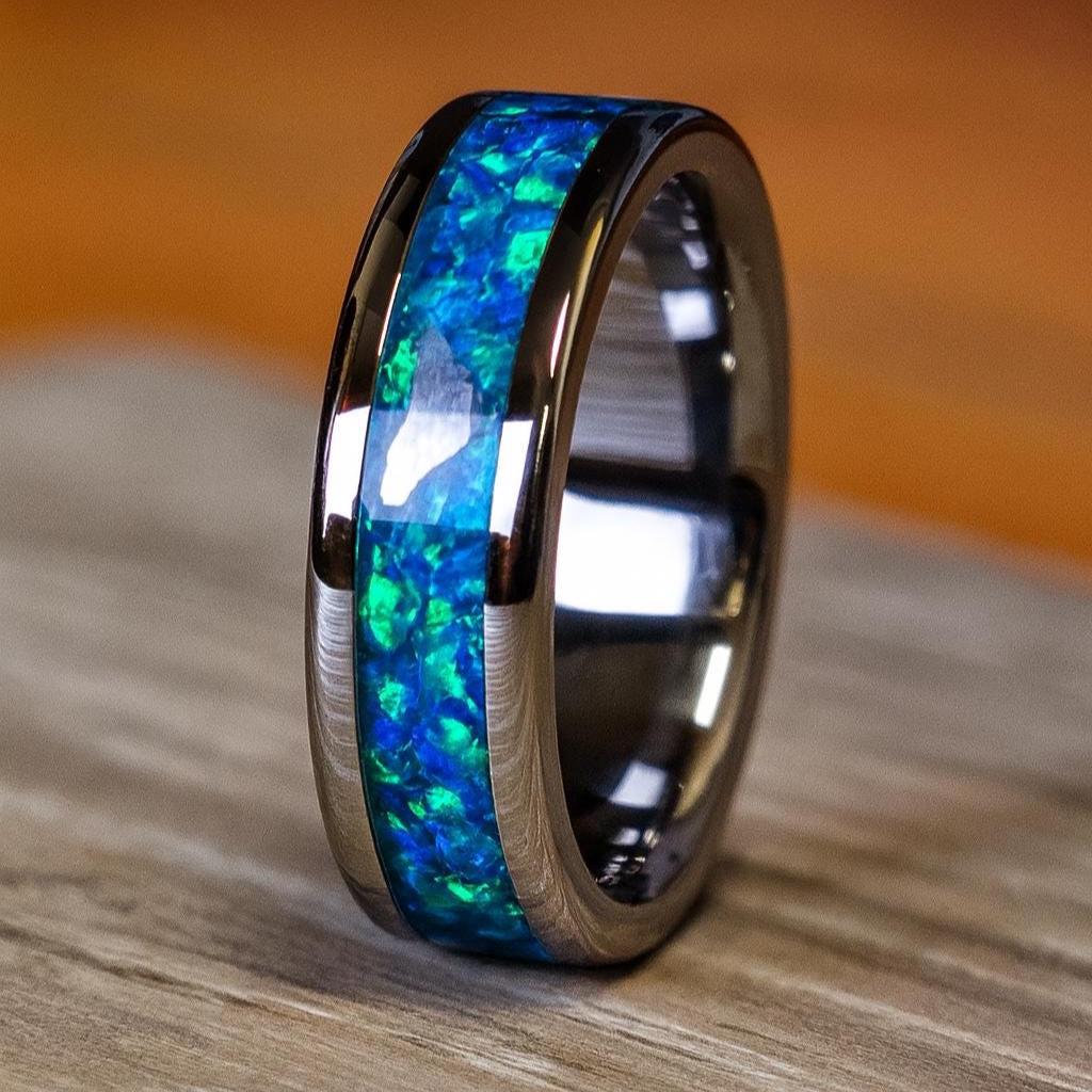 Handmade Meteorite Wedding Ring: Ocean Blue Opal Inlay, Polished Titanium