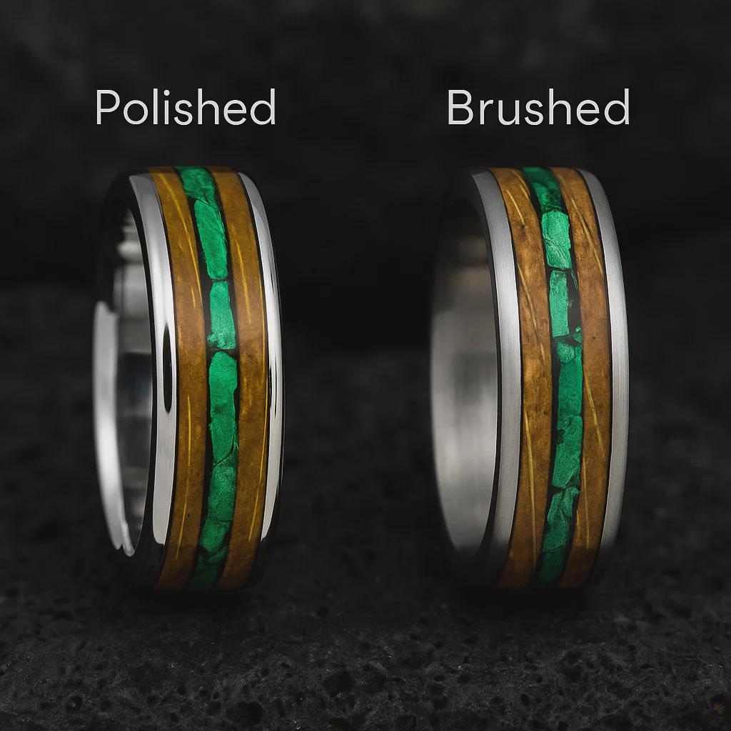 Titanium Whiskey Barrel Wedding Ring with Malachite Inlay | Rustic Men’s Band | Handmade Eco Wood Ring | Unique Whiskey Gift