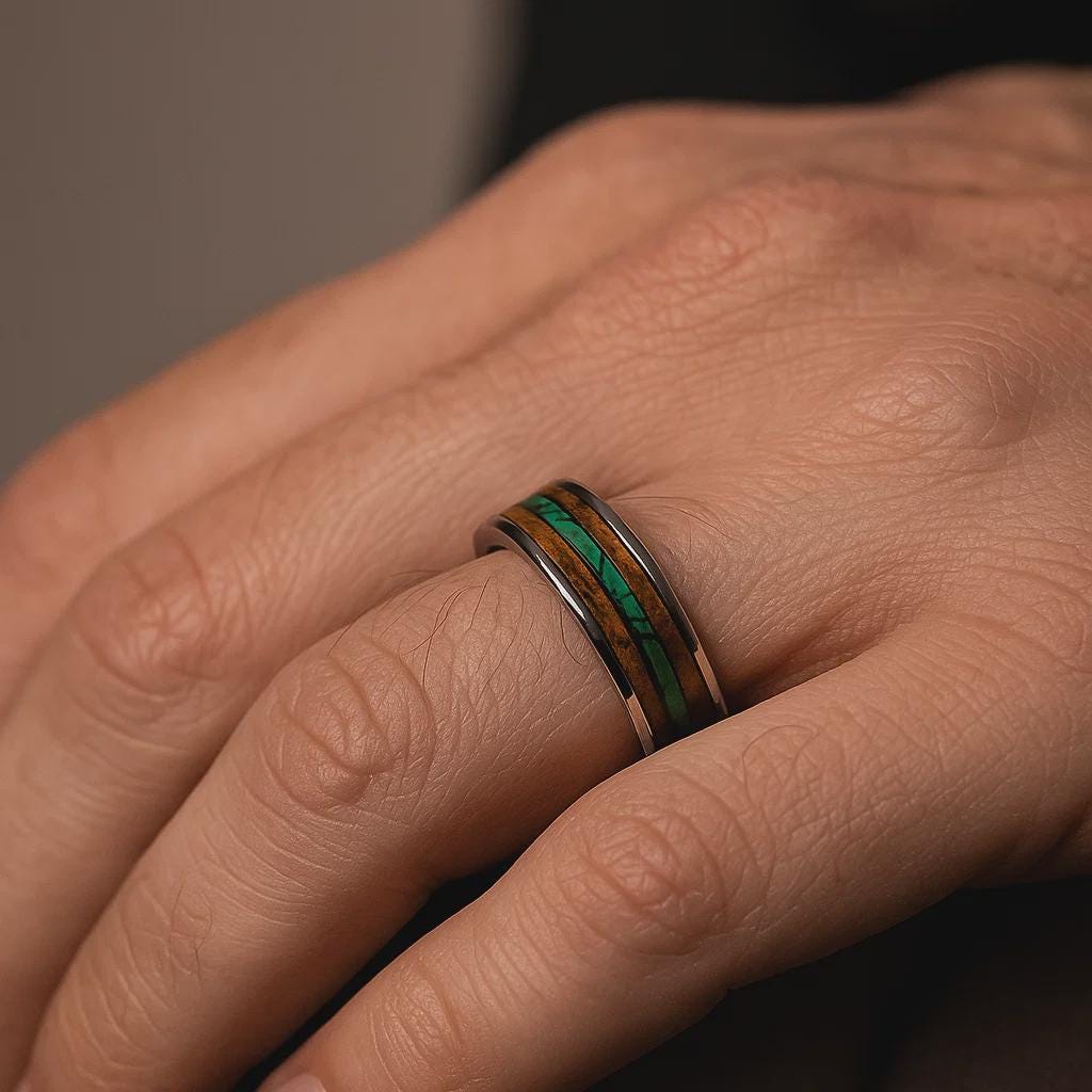 Titanium Whiskey Barrel Wedding Ring with Malachite Inlay | Rustic Men’s Band | Handmade Eco Wood Ring | Unique Whiskey Gift