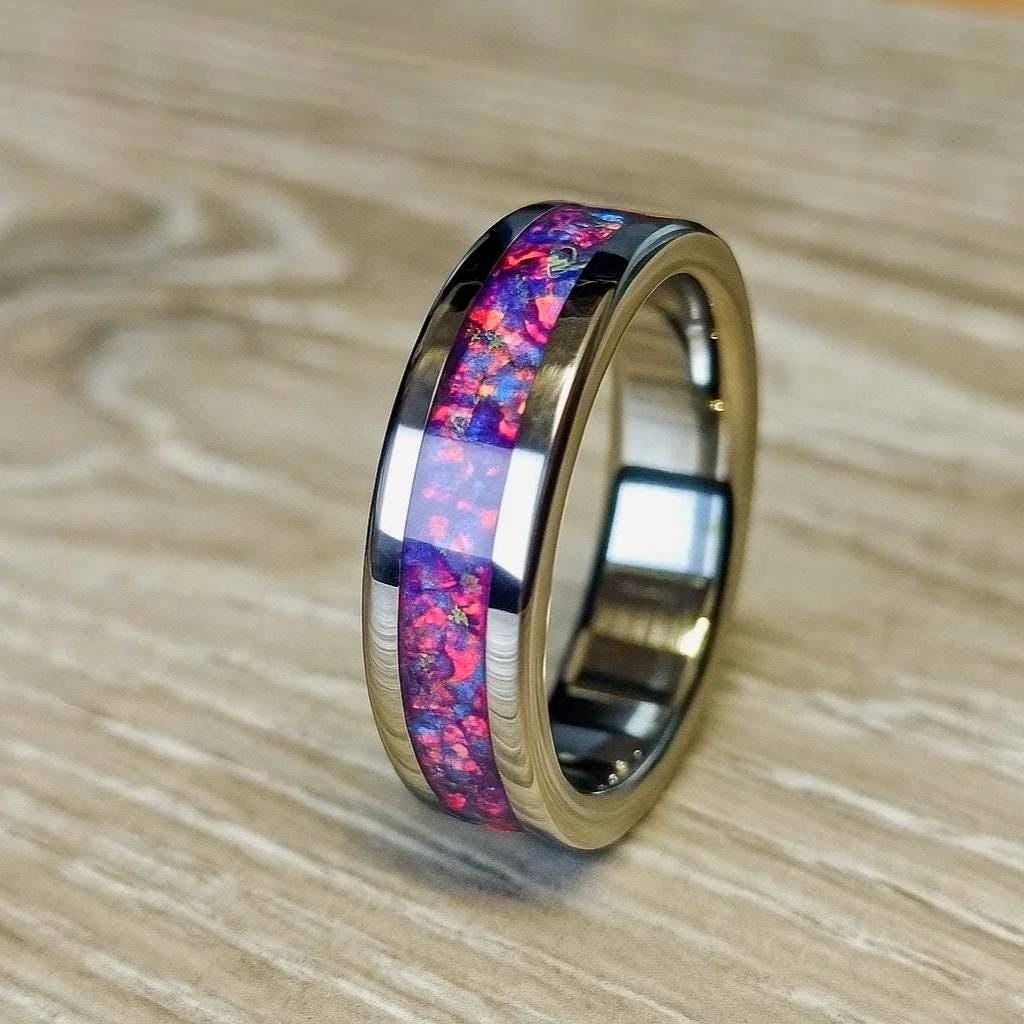 Handmade Opal Wedding Ring, Amethyst promise ring, Custom Fit wedding band, Titanium Ring.