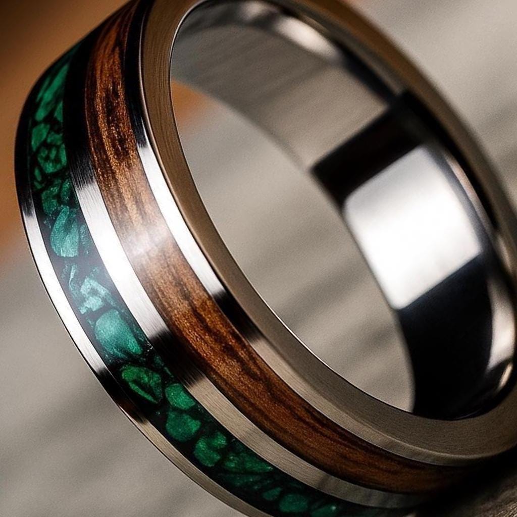 Whiskey Barrel Wood Inlay - Handmade Wedding Band - Malachite Ring