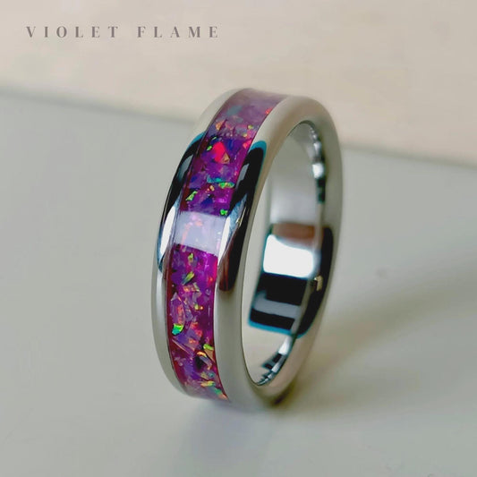 Handmade Opal Wedding Ring, Amethyst promise ring, Custom Fit wedding band, Titanium Ring.