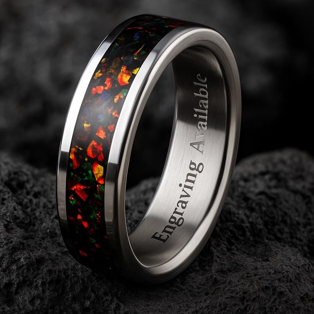 Handmade Fire Opal Titanium Ring: Unique Wedding Band