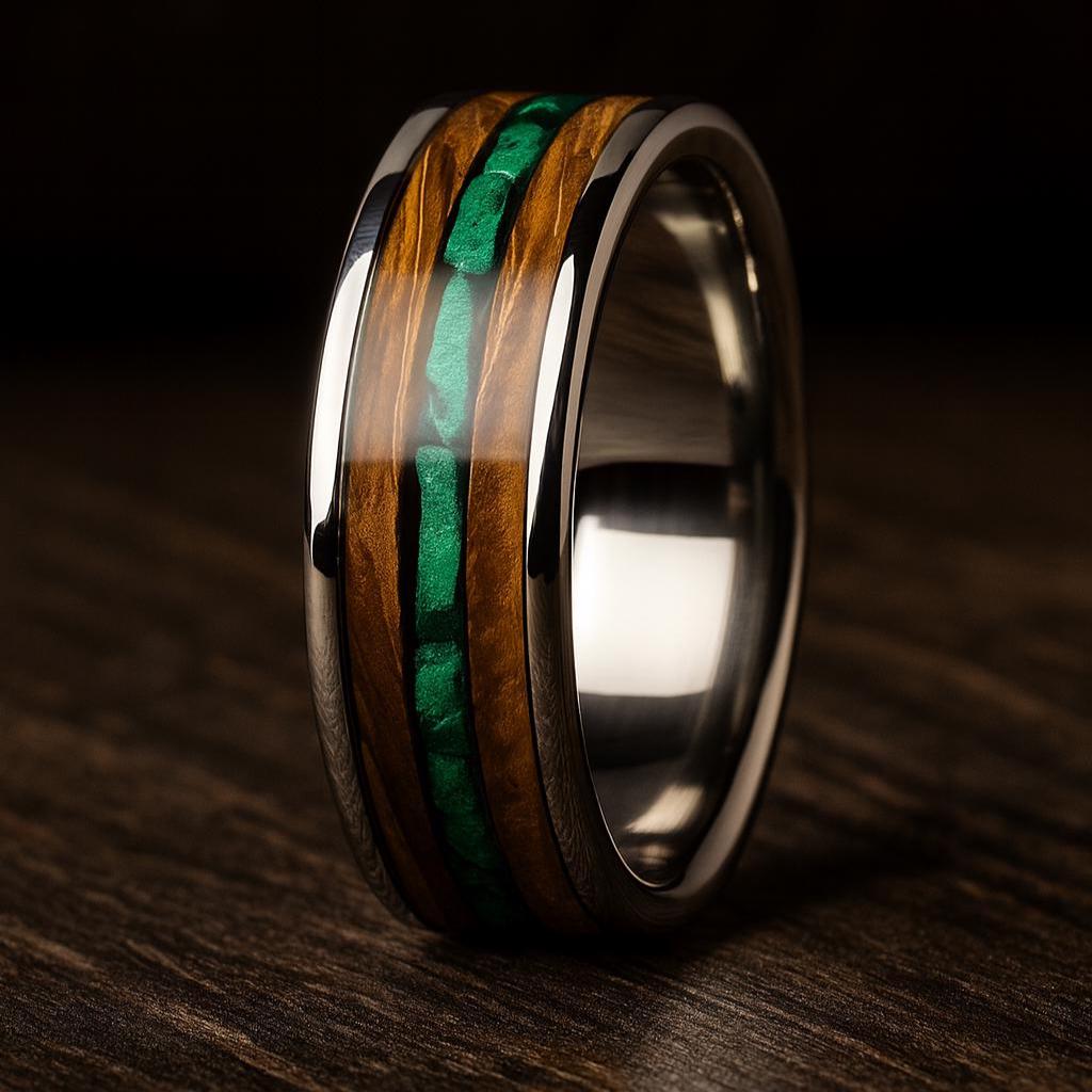 Titanium Whiskey Barrel Wedding Ring with Malachite Inlay | Rustic Men’s Band | Handmade Eco Wood Ring | Unique Whiskey Gift