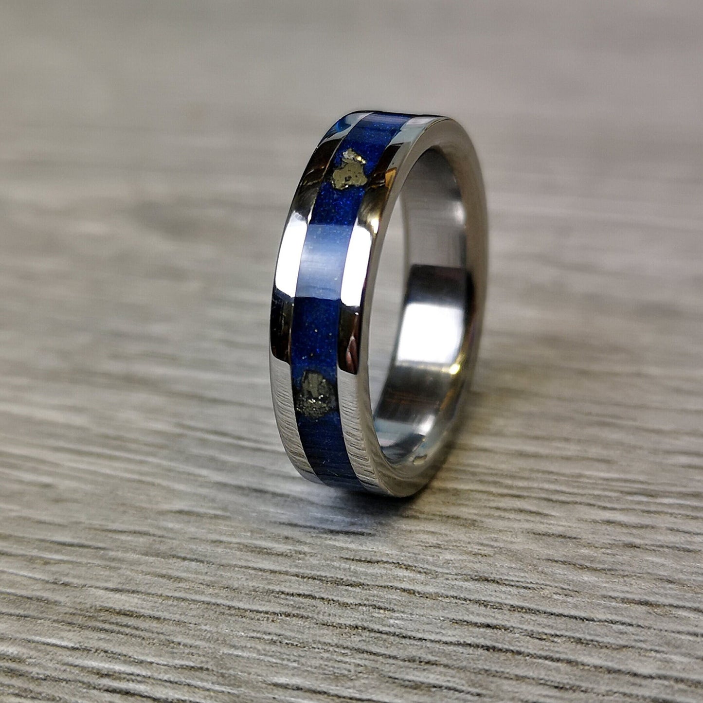 Handmade Titanium Wedding Band: Lapis Lazuli, Pyrite & Glow Inlay