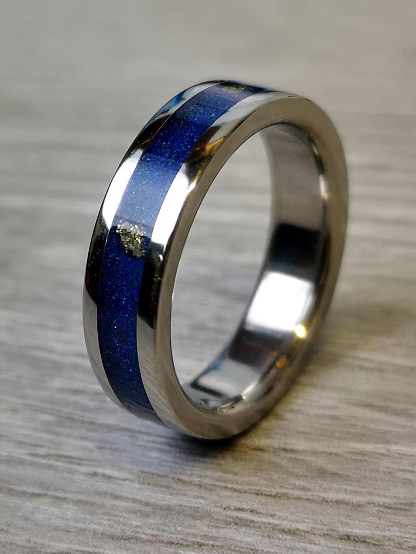Handmade Titanium Wedding Band: Lapis Lazuli, Pyrite & Glow Inlay