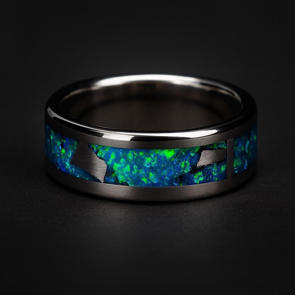Handmade Meteorite Wedding Ring: Ocean Blue Opal Inlay, Polished Titanium